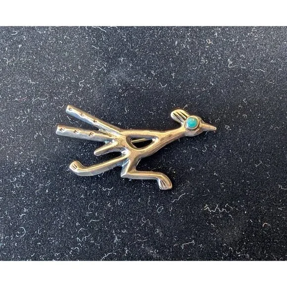 Native American Navajo Sterling Silver & Turquoise Roadrunner Pin Brooch 6.3g